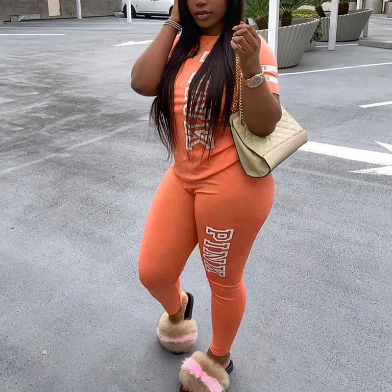 Letter Print Short Sleeve Two Piece Pants Set