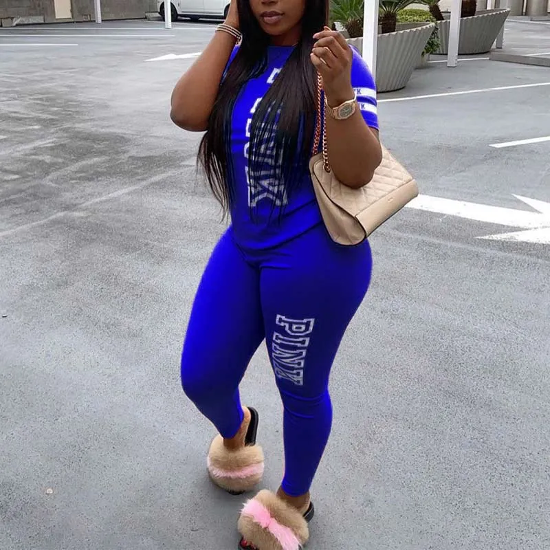 Letter Print Short Sleeve Two Piece Pants Set