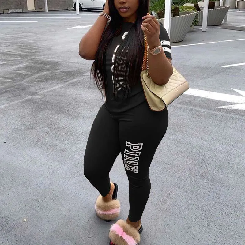 Letter Print Short Sleeve Two Piece Pants Set