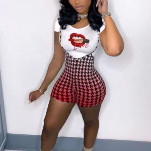 Lips Pattern T-Shirt & Suspender Shorts Set
