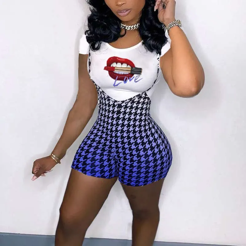 Lips Pattern T-Shirt & Suspender Shorts Set