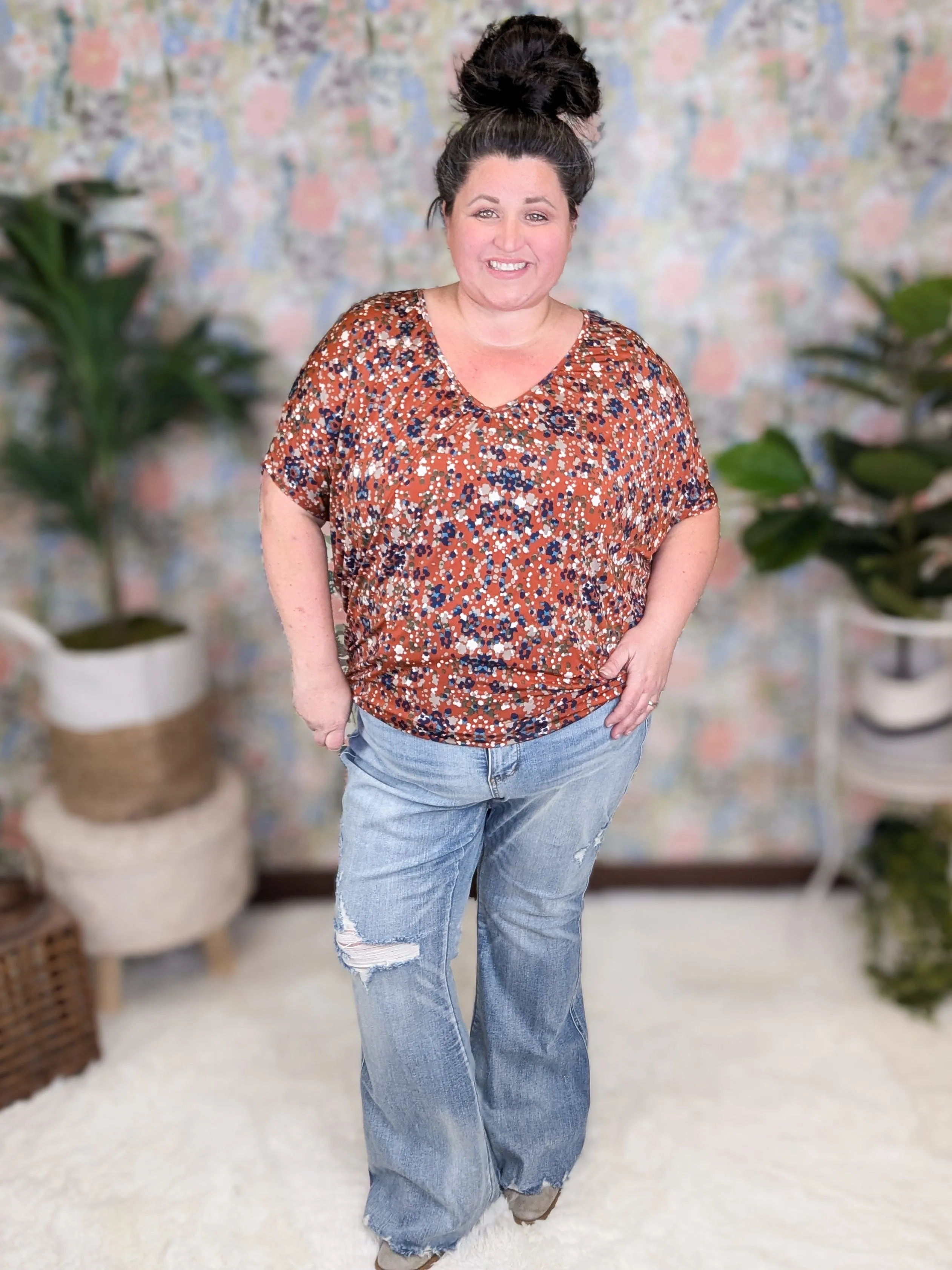 Liza Slouchy Dolman Vneck Top in Confetti Dots