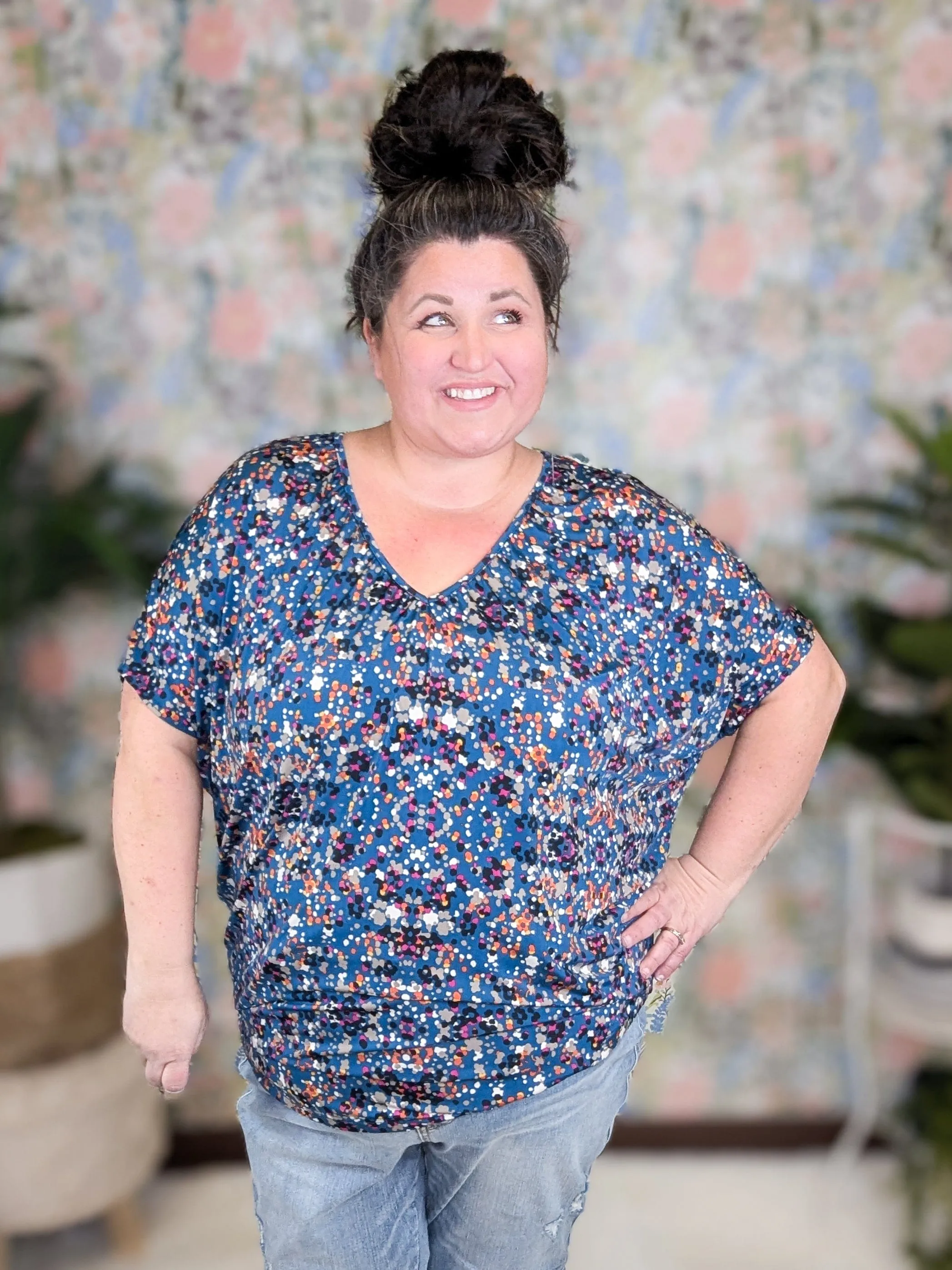 Liza Slouchy Dolman Vneck Top in Confetti Dots