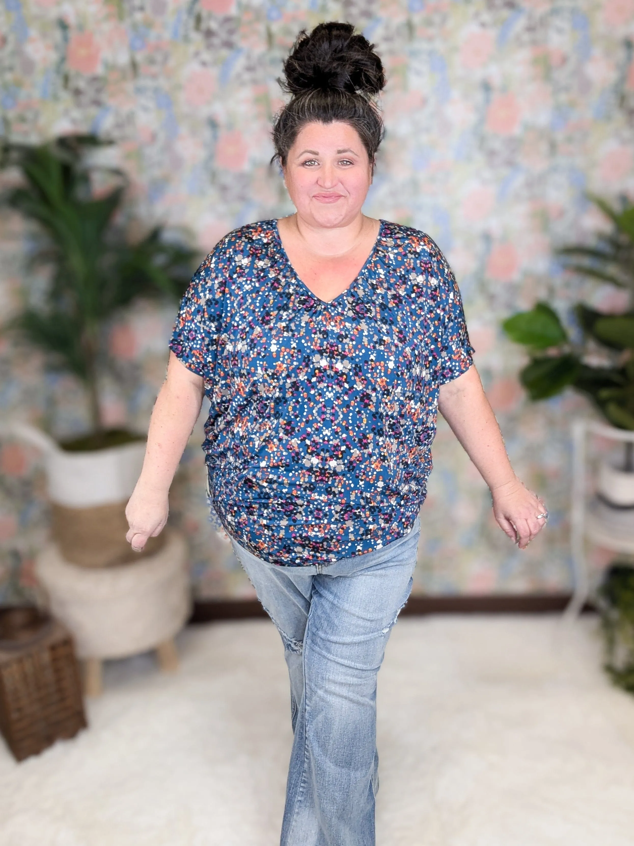 Liza Slouchy Dolman Vneck Top in Confetti Dots