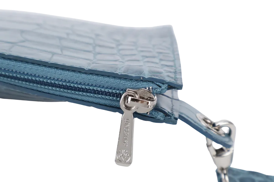 LONGCHAMP BLUE CROCO EMBOSSED WRISTLET WITH DUST COVER
