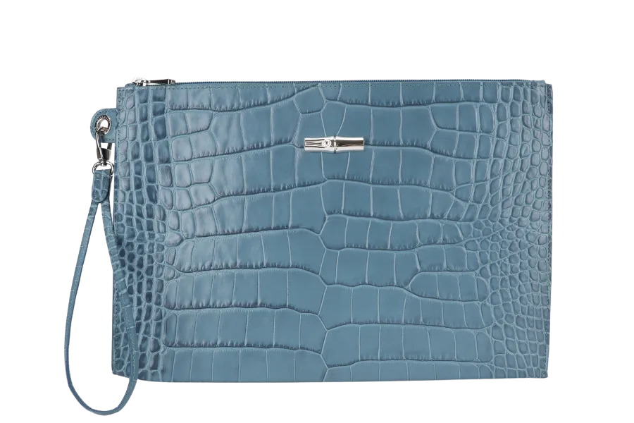 LONGCHAMP BLUE CROCO EMBOSSED WRISTLET WITH DUST COVER
