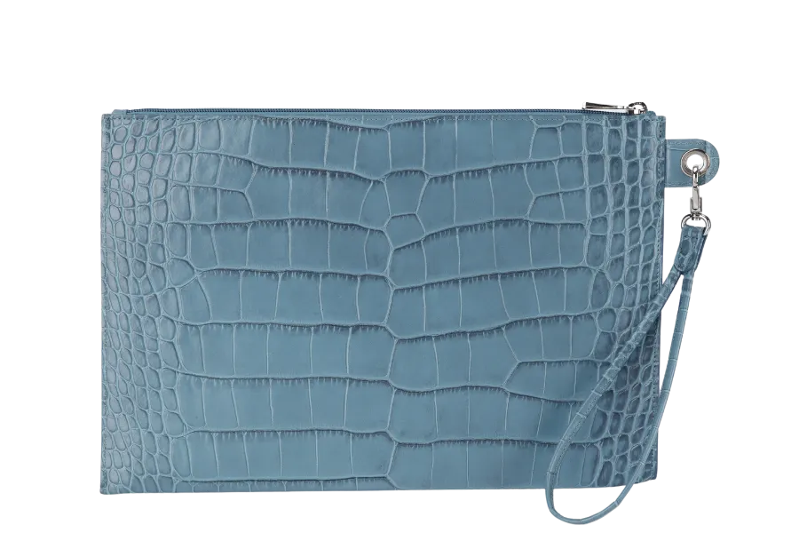LONGCHAMP BLUE CROCO EMBOSSED WRISTLET WITH DUST COVER