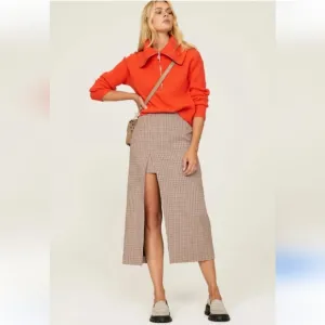 Maje Jaisa Houndstooth Plaid Midi Skirt with Side Slit Size 36 Brown