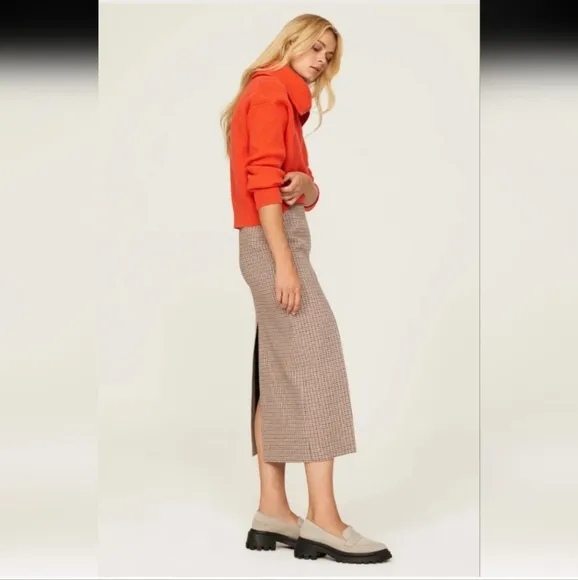 Maje Jaisa Houndstooth Plaid Midi Skirt with Side Slit Size 36 Brown