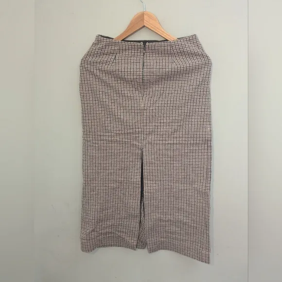 Maje Jaisa Houndstooth Plaid Midi Skirt with Side Slit Size 36 Brown
