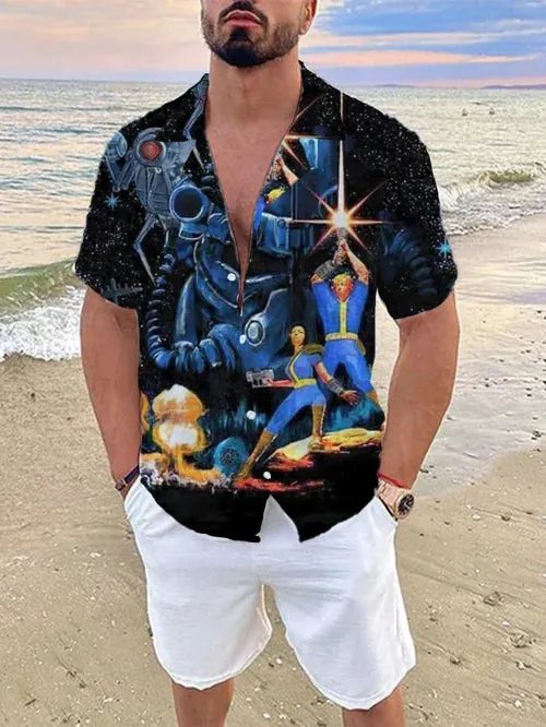 Men's Trendy Robot Print Linen Cuban Collar Shirt
