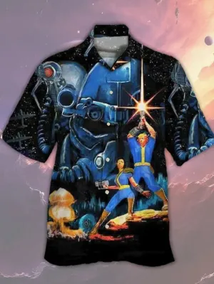 Men's Trendy Robot Print Linen Cuban Collar Shirt