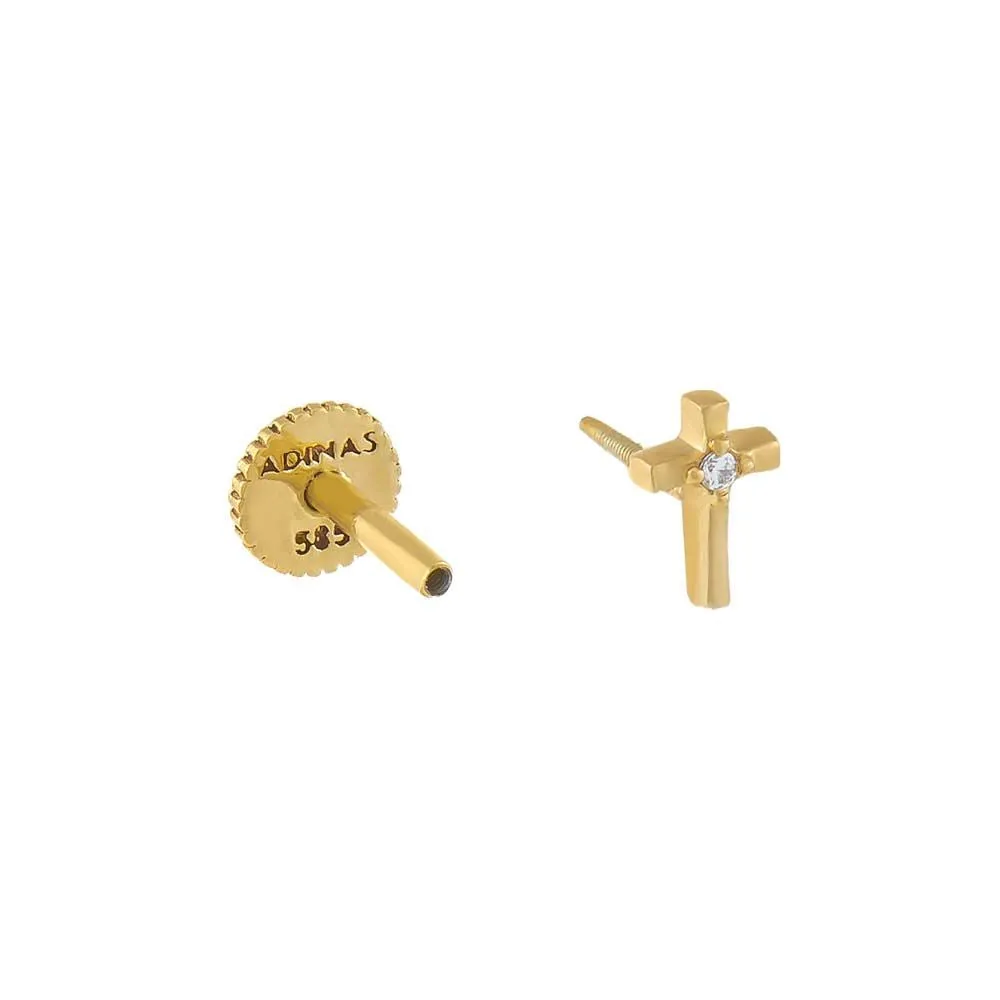 Mini Diamond Cross Threaded Stud Earring 14K