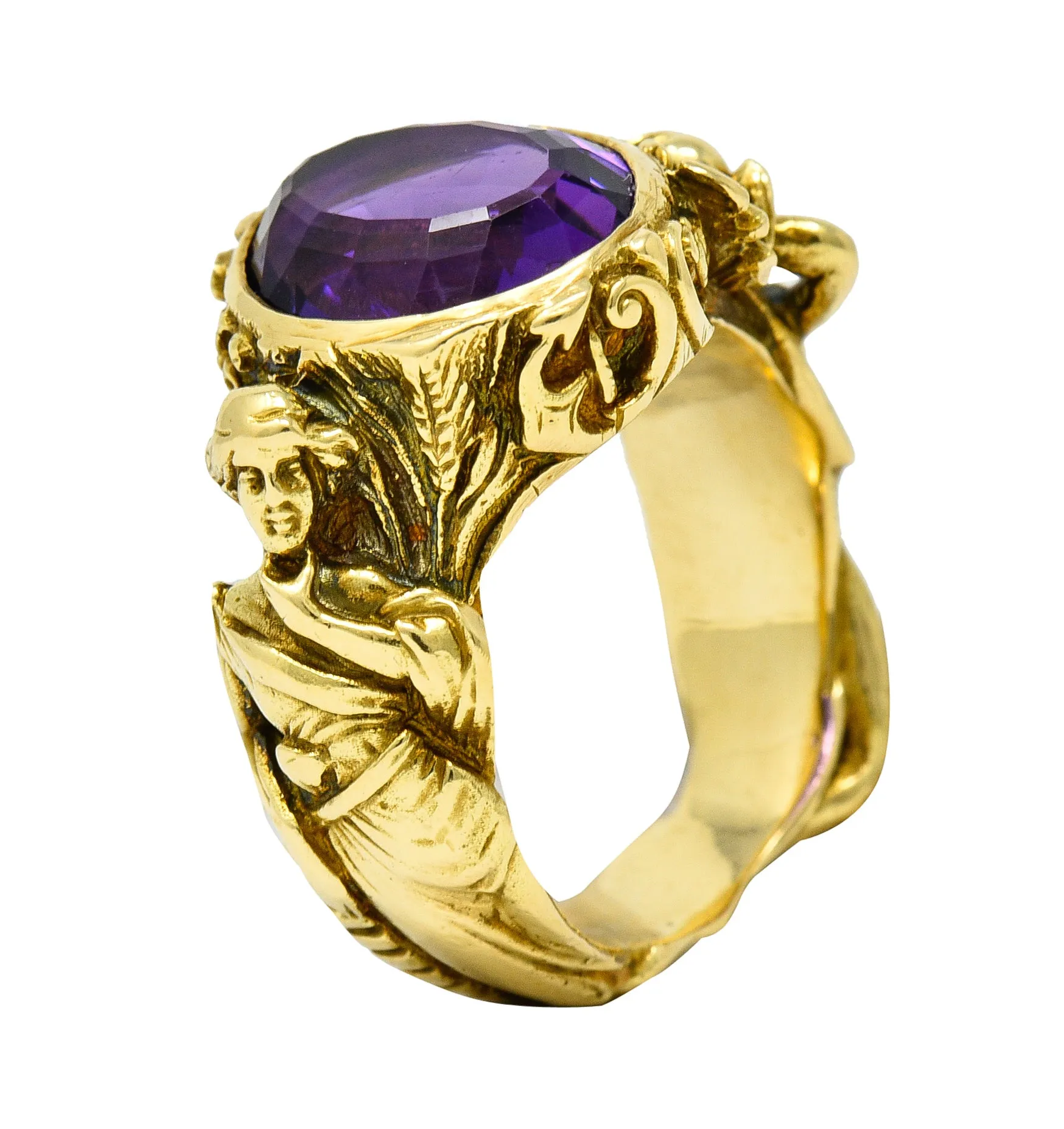 Neoclassical Amethyst 18 Karat Gold Hellenistic Hermes Demeter Signet Ring
