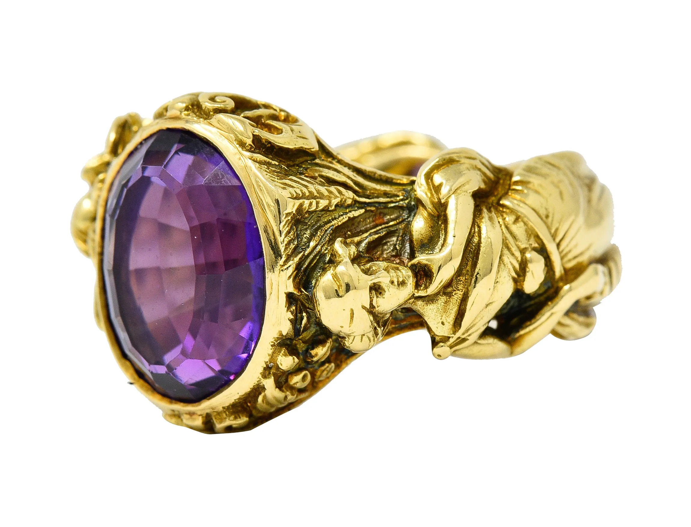Neoclassical Amethyst 18 Karat Gold Hellenistic Hermes Demeter Signet Ring