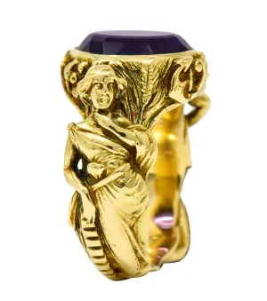 Neoclassical Amethyst 18 Karat Gold Hellenistic Hermes Demeter Signet Ring