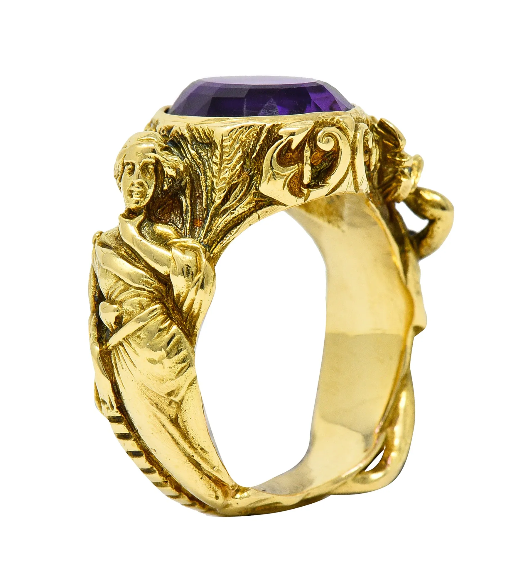Neoclassical Amethyst 18 Karat Gold Hellenistic Hermes Demeter Signet Ring