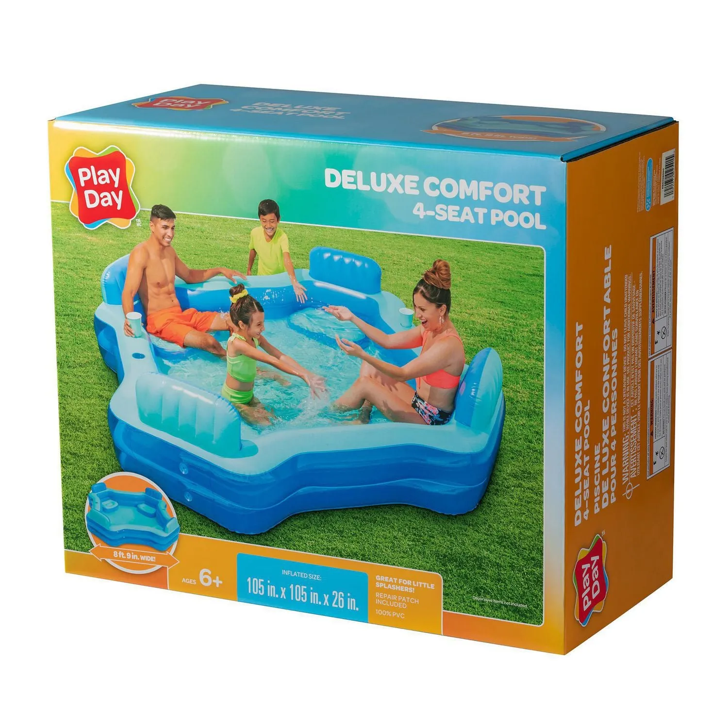 New in box! Play Day Deluxe Comfort 4 Seat Pool!  Inflated size: 105” x 105” x 26”