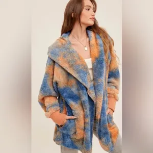 NWT Cozy Blue and Orange Tie Dye Oversized Plush Hoodie With Pockets One Size