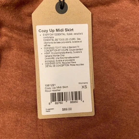 NWT Prana Cozy Up Midi Skirt stretch size XSmall orange brown rust New