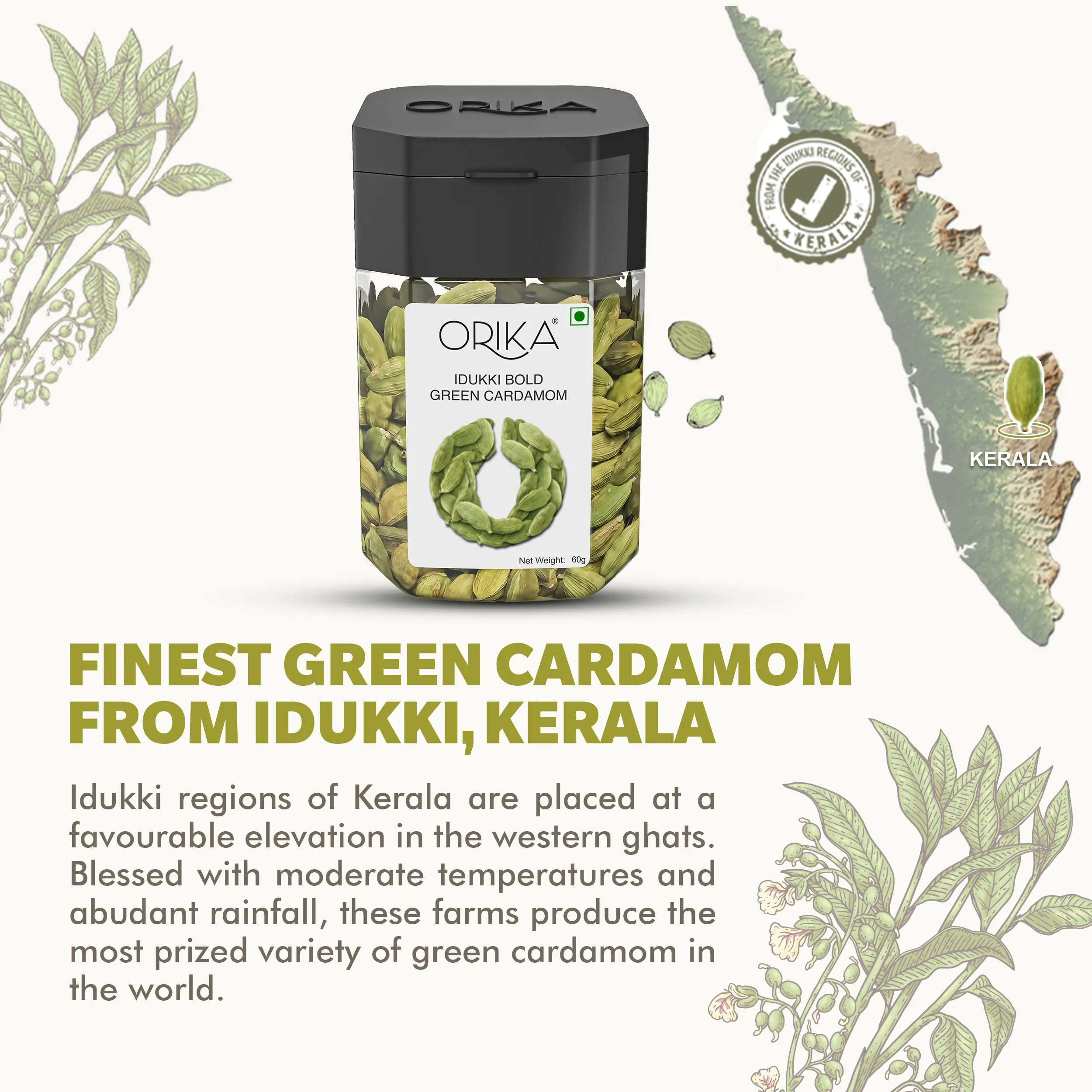 Orika's Idukki Bold Green Cardamom, 60g