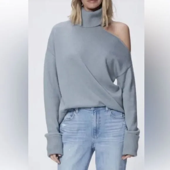 PAIGE Women's Raundi Cutout Shoulder SweaterIn Stone Blue Size Large Worn Once