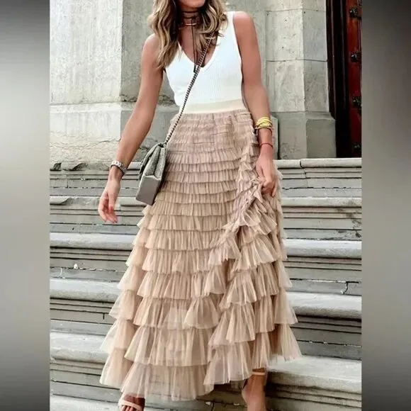 Paris Luxe boho layered mesh maxi skirt