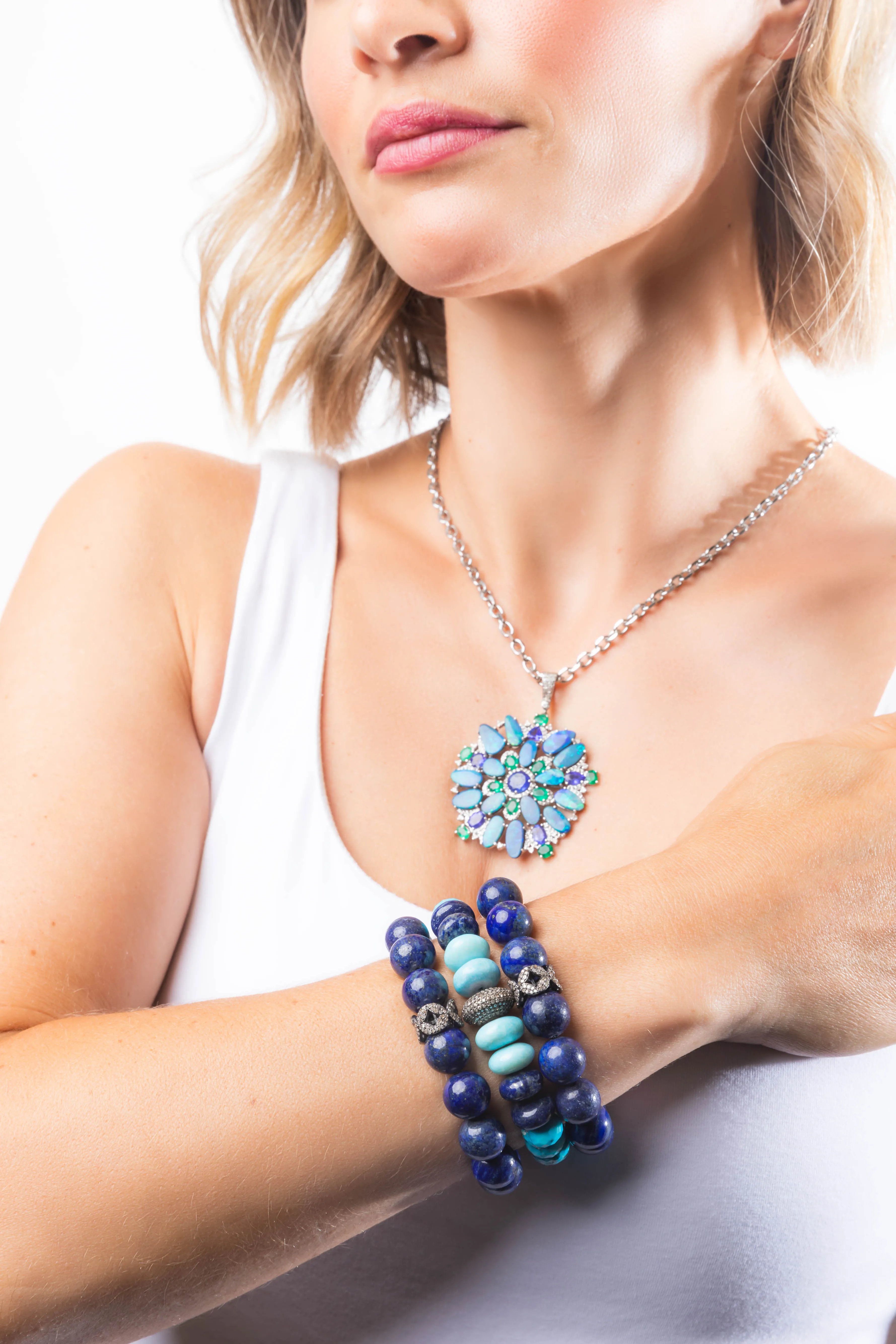 Pave Diamond, Australian Opal, Emerald, Tanzanite Necklace
