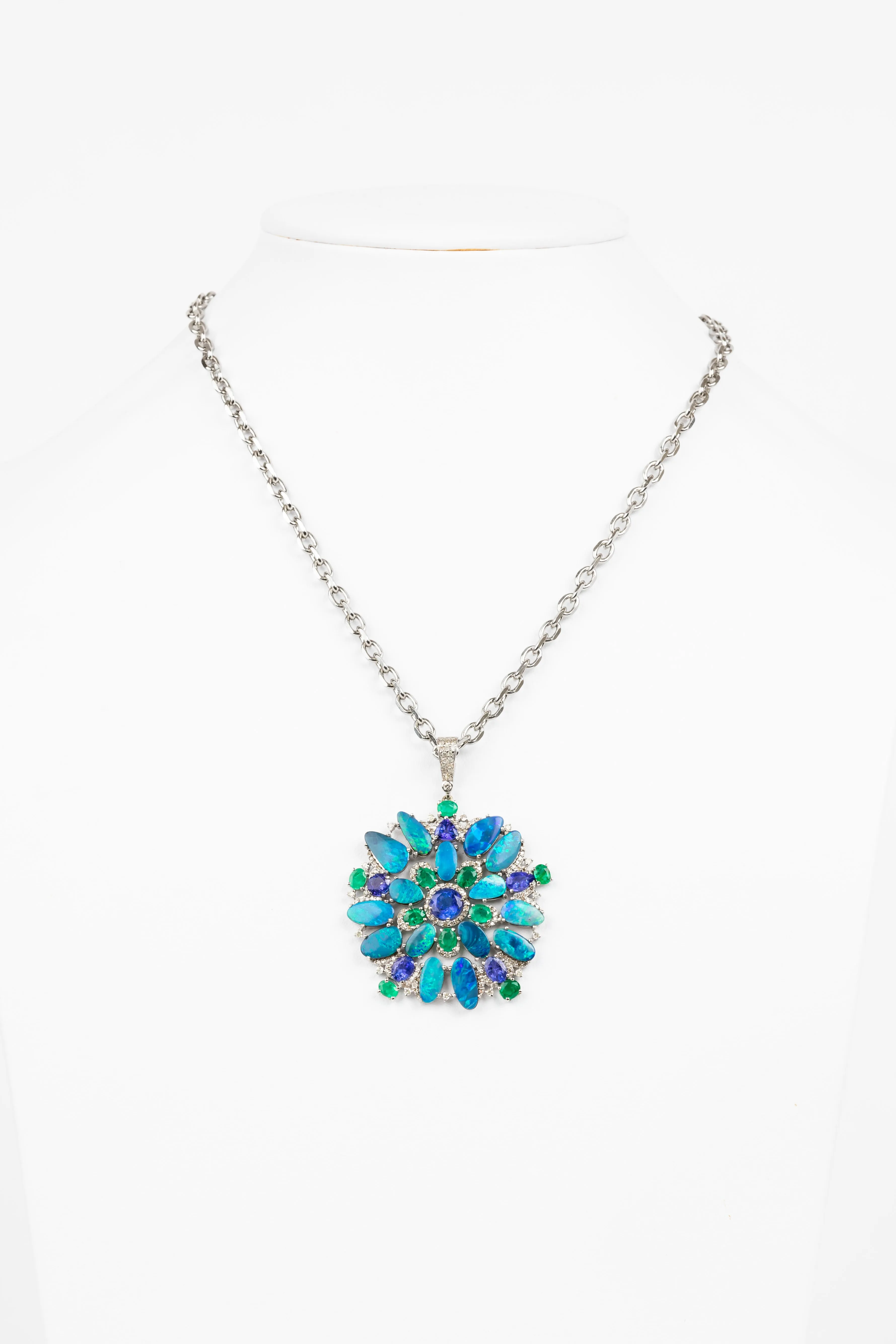Pave Diamond, Australian Opal, Emerald, Tanzanite Necklace