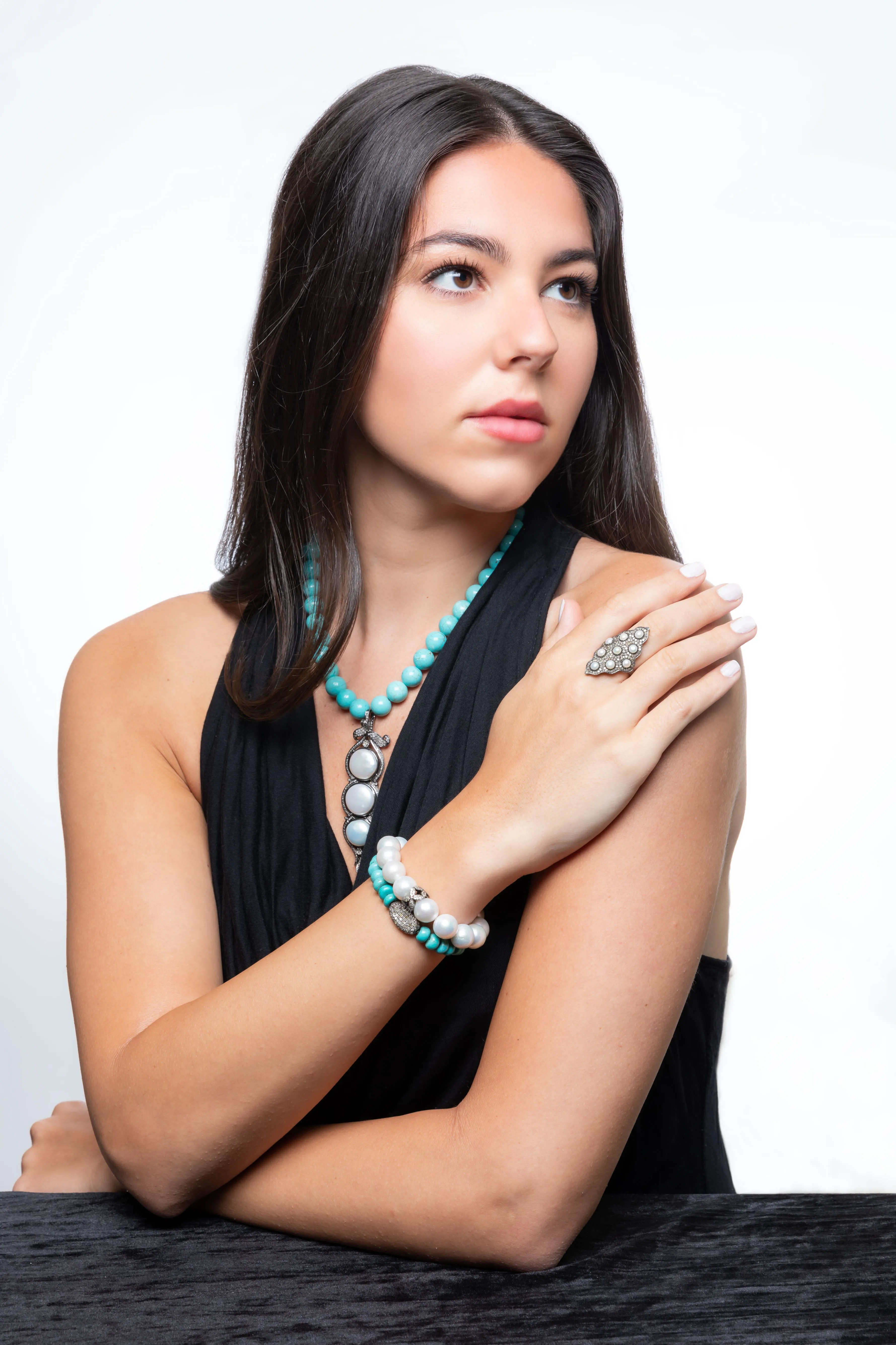 Pave Diamond, Pearl,Turquoise Necklace