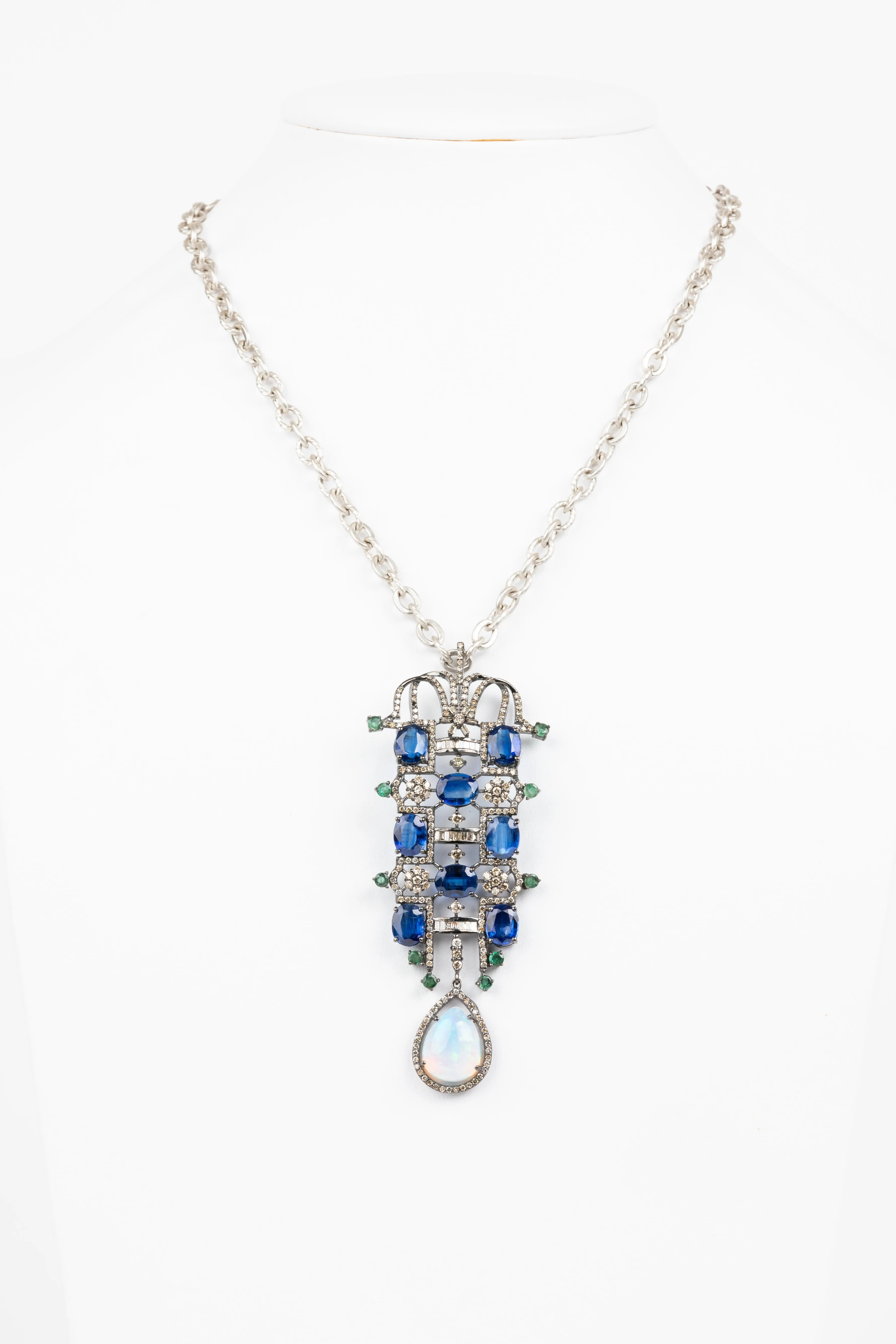 Pave Diamond, Sapphire, Emerald, Opal Necklace