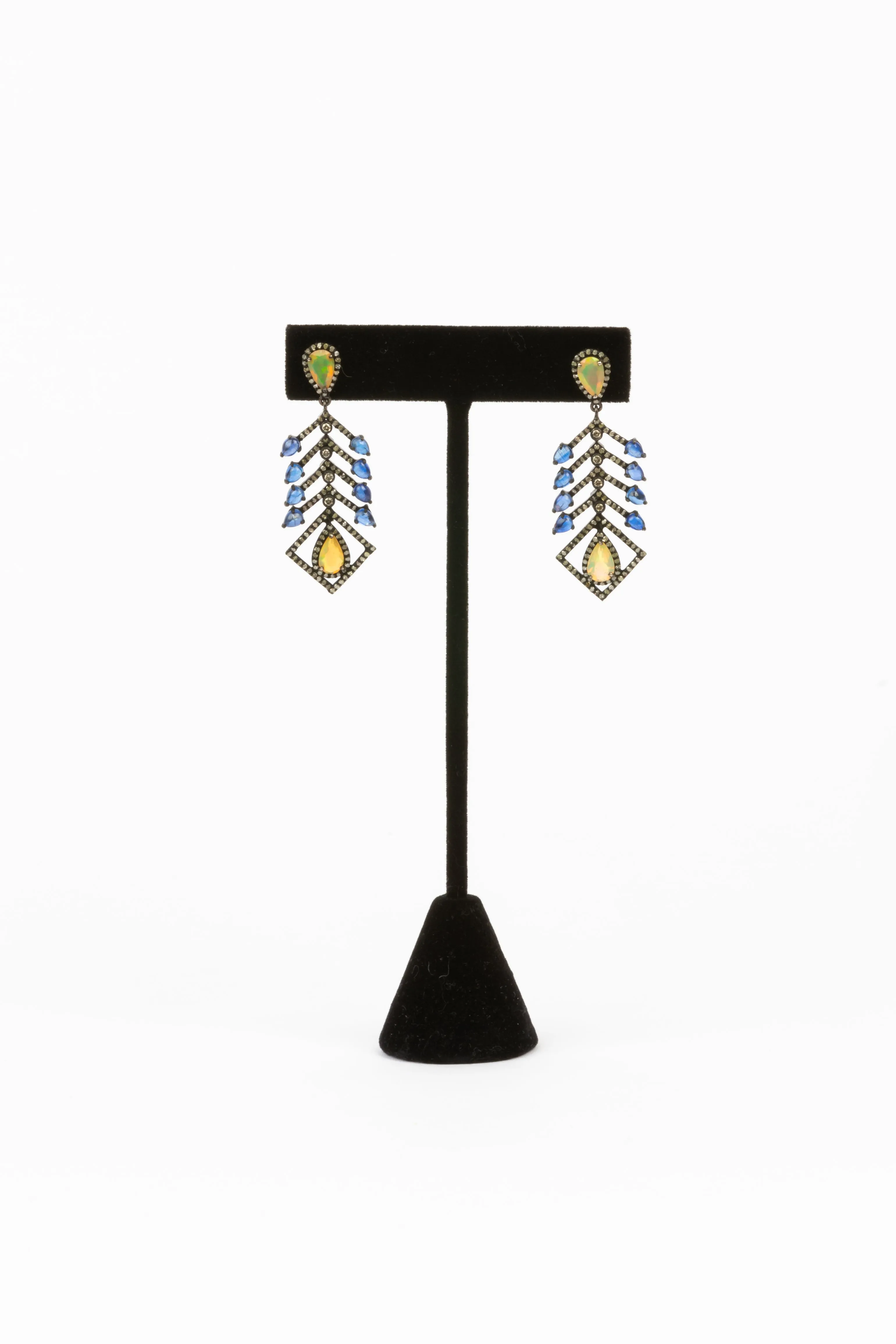 Pave Diamond, Sapphire, Opal Earrings