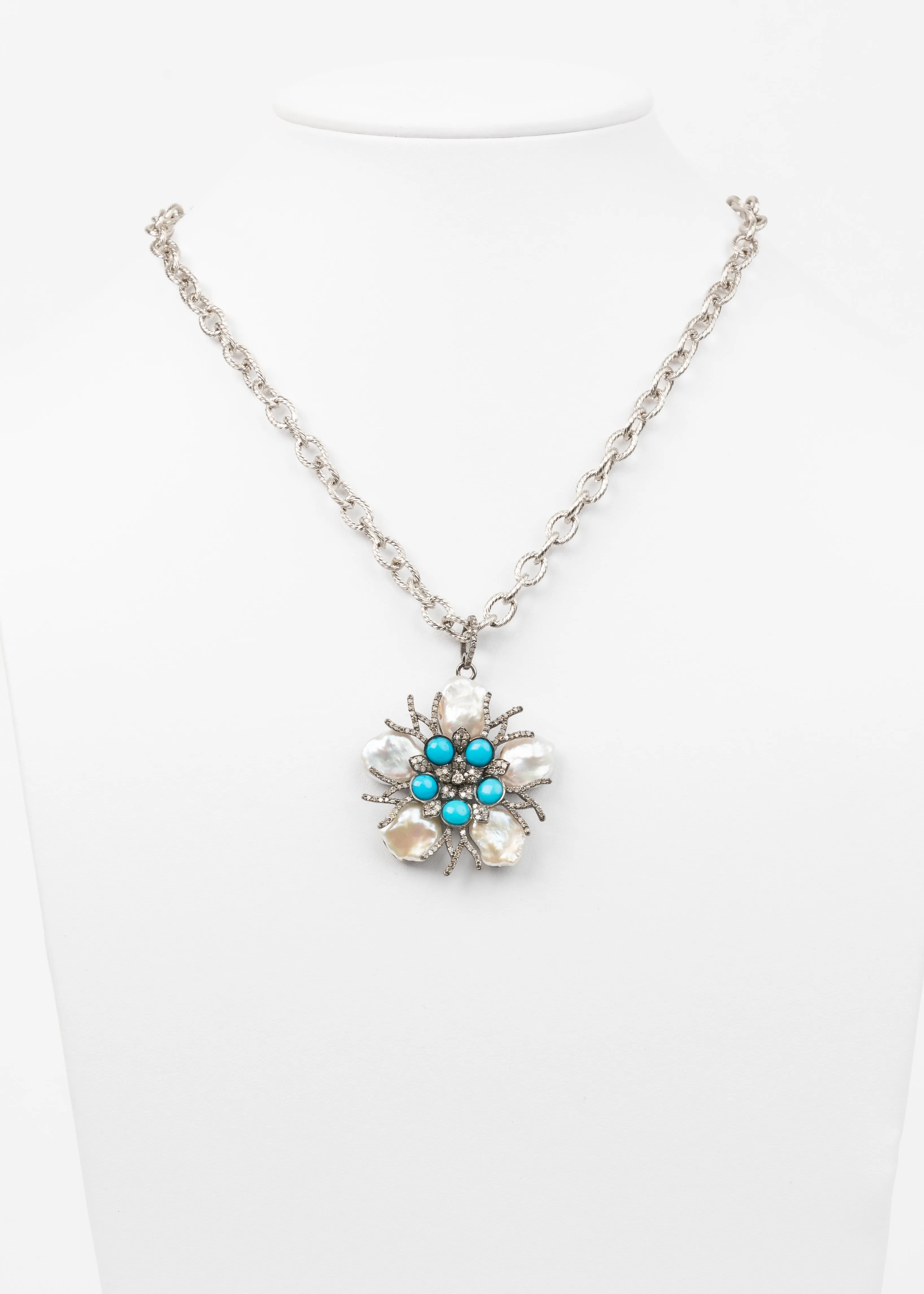 Pave Diamond, Turquoise, Pearl Necklace