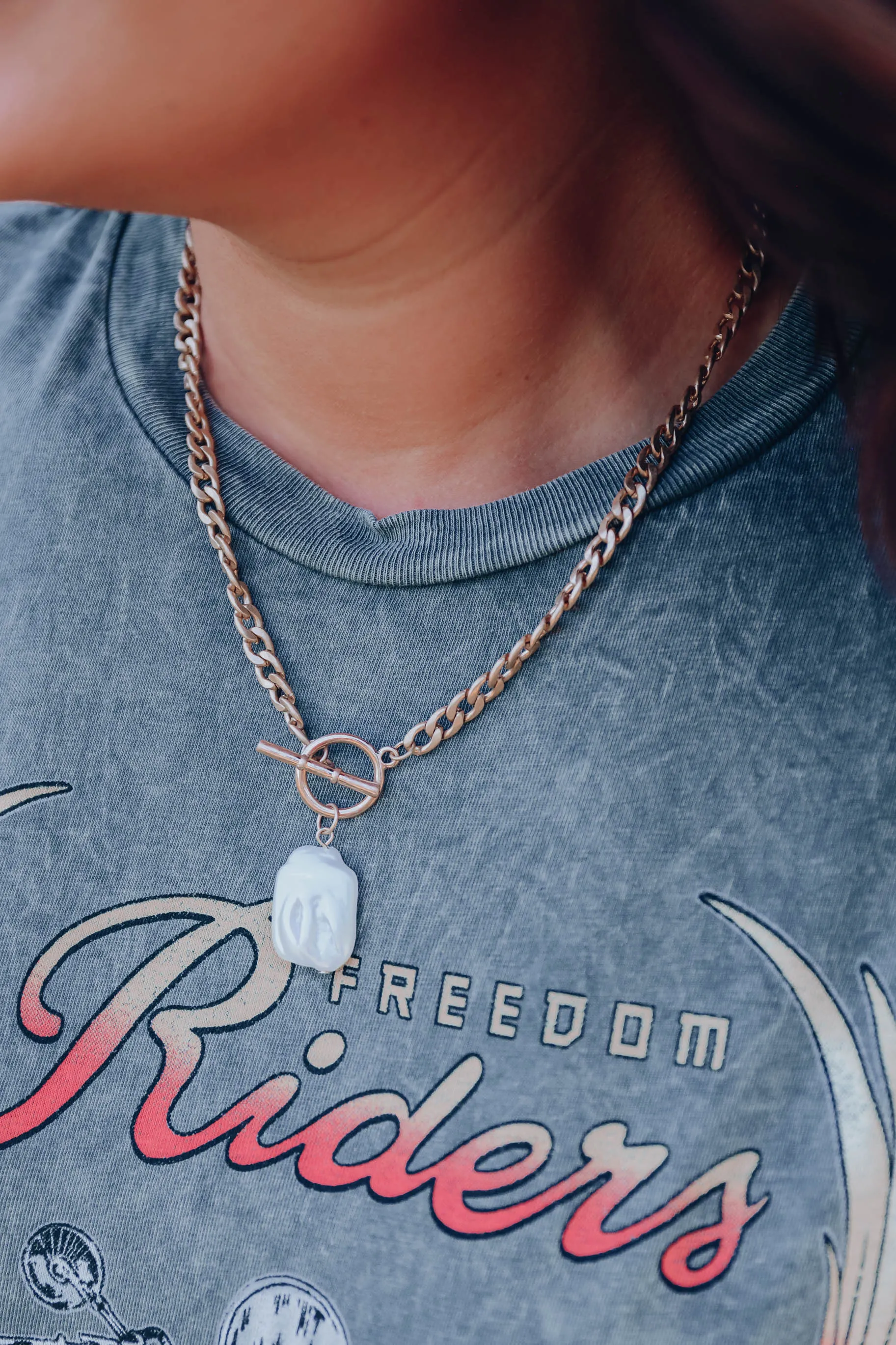 Pearl Charm Toggle Necklace - Gold