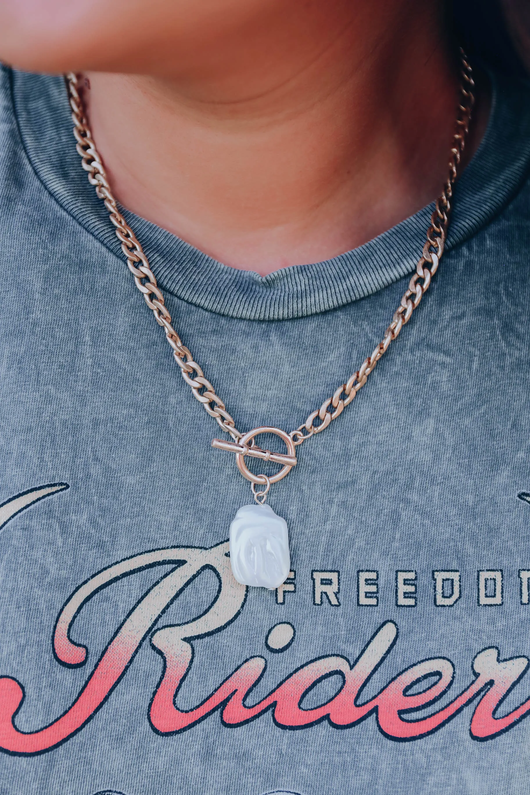 Pearl Charm Toggle Necklace - Gold