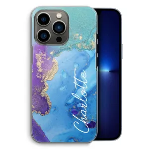 Personalised Apple iPhone Hard Case with Stylish Script Name on Turquoise Infused Marble