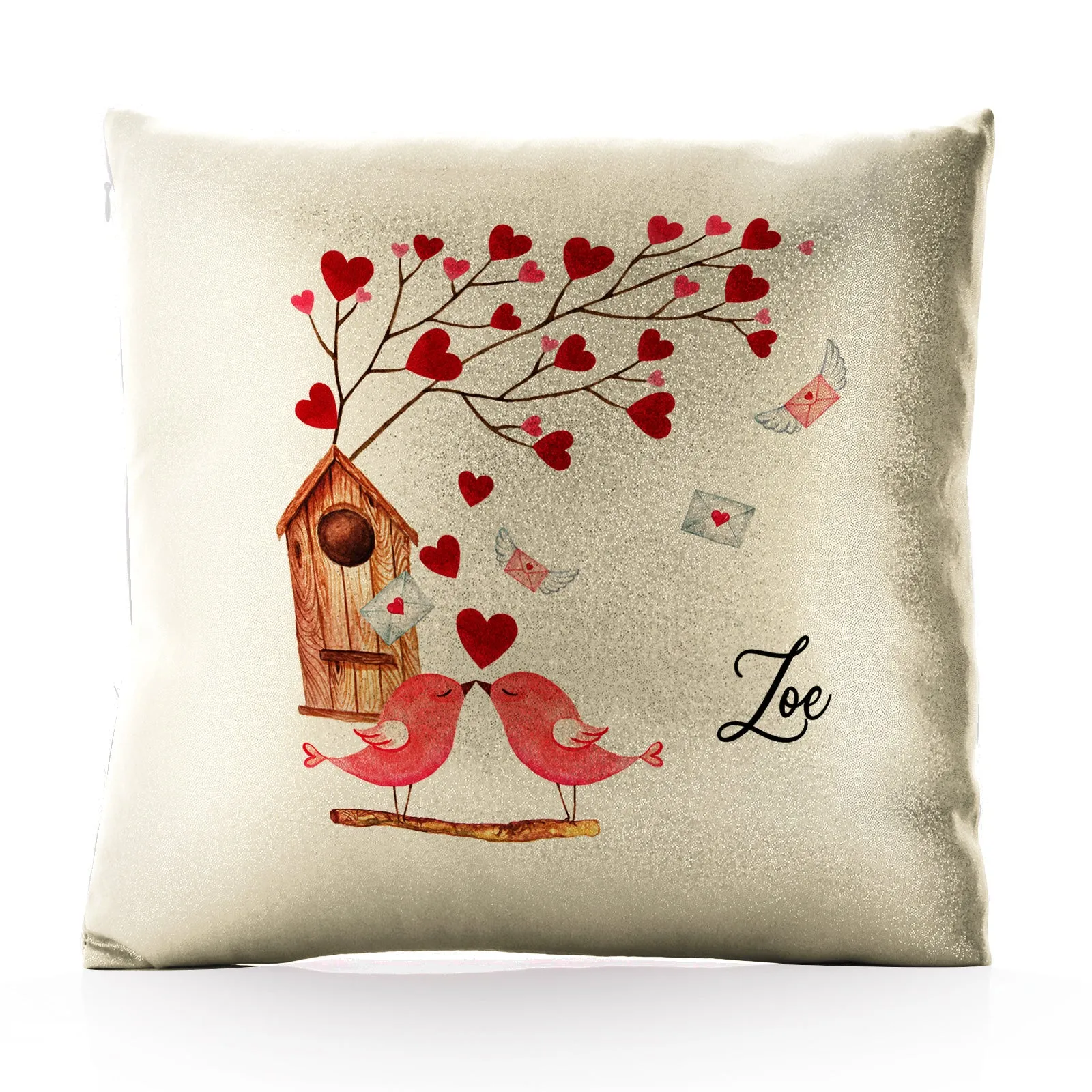 Personalised Glitter Cushion with Stylish Text and Love Bird Letters Print