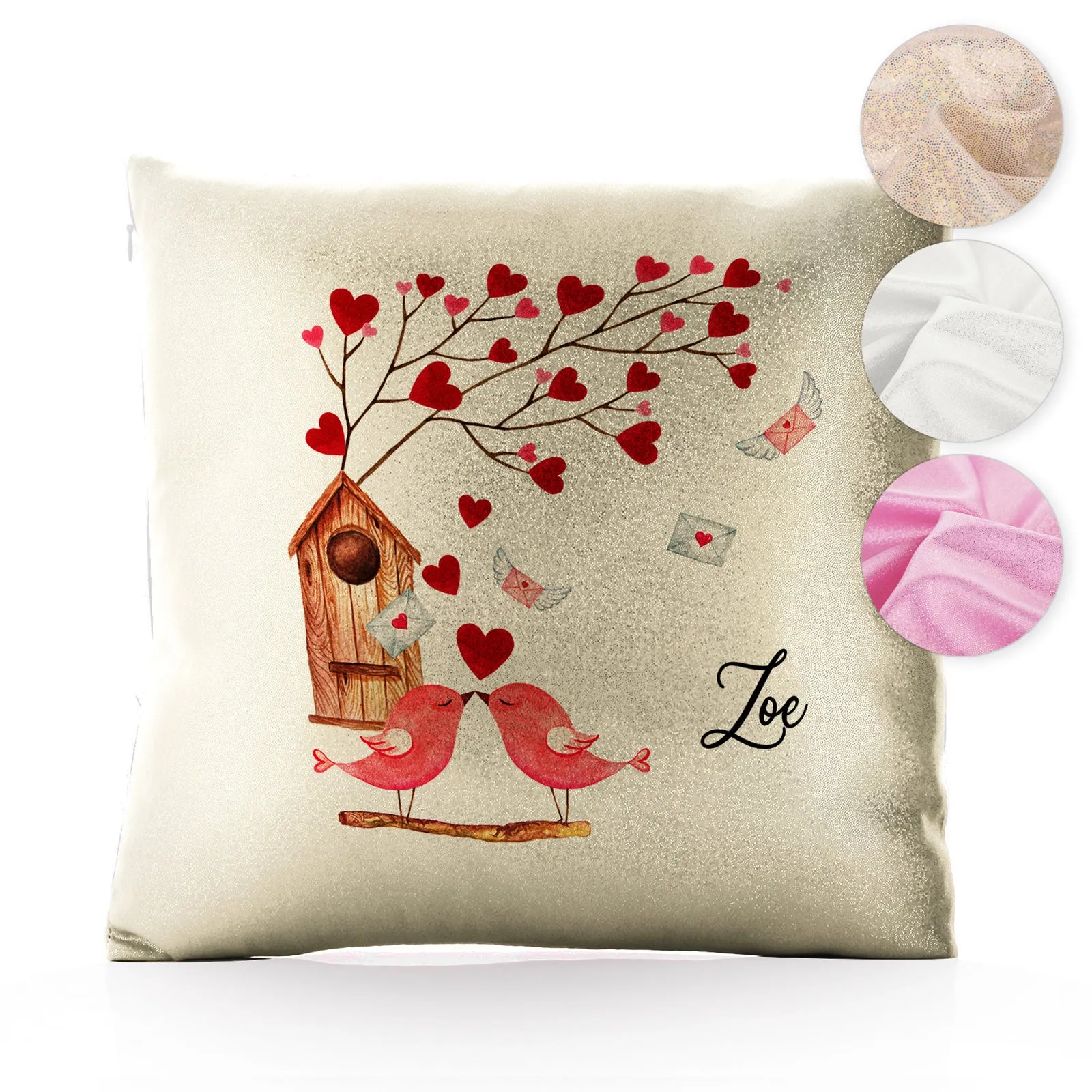 Personalised Glitter Cushion with Stylish Text and Love Bird Letters Print