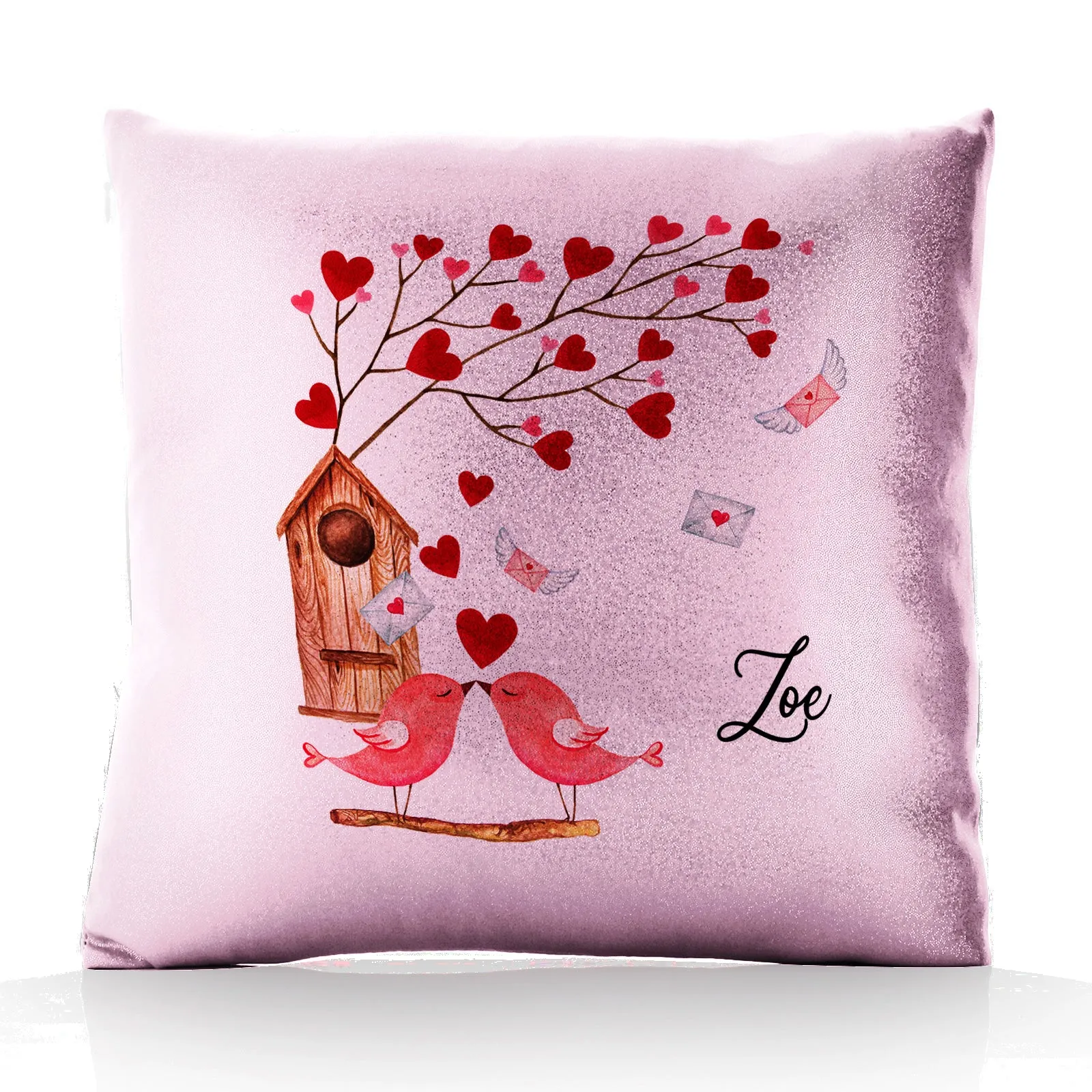 Personalised Glitter Cushion with Stylish Text and Love Bird Letters Print