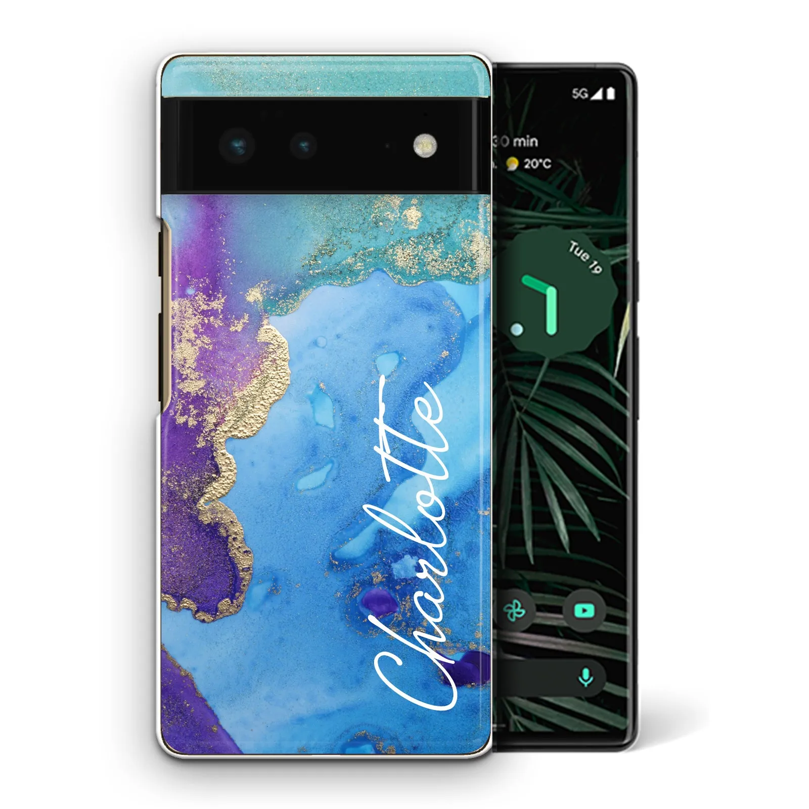 Personalised Google Phone Hard Case with Stylish Script Name on Turquoise Infused Marble