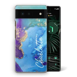 Personalised Google Phone Hard Case with Stylish Script Name on Turquoise Infused Marble