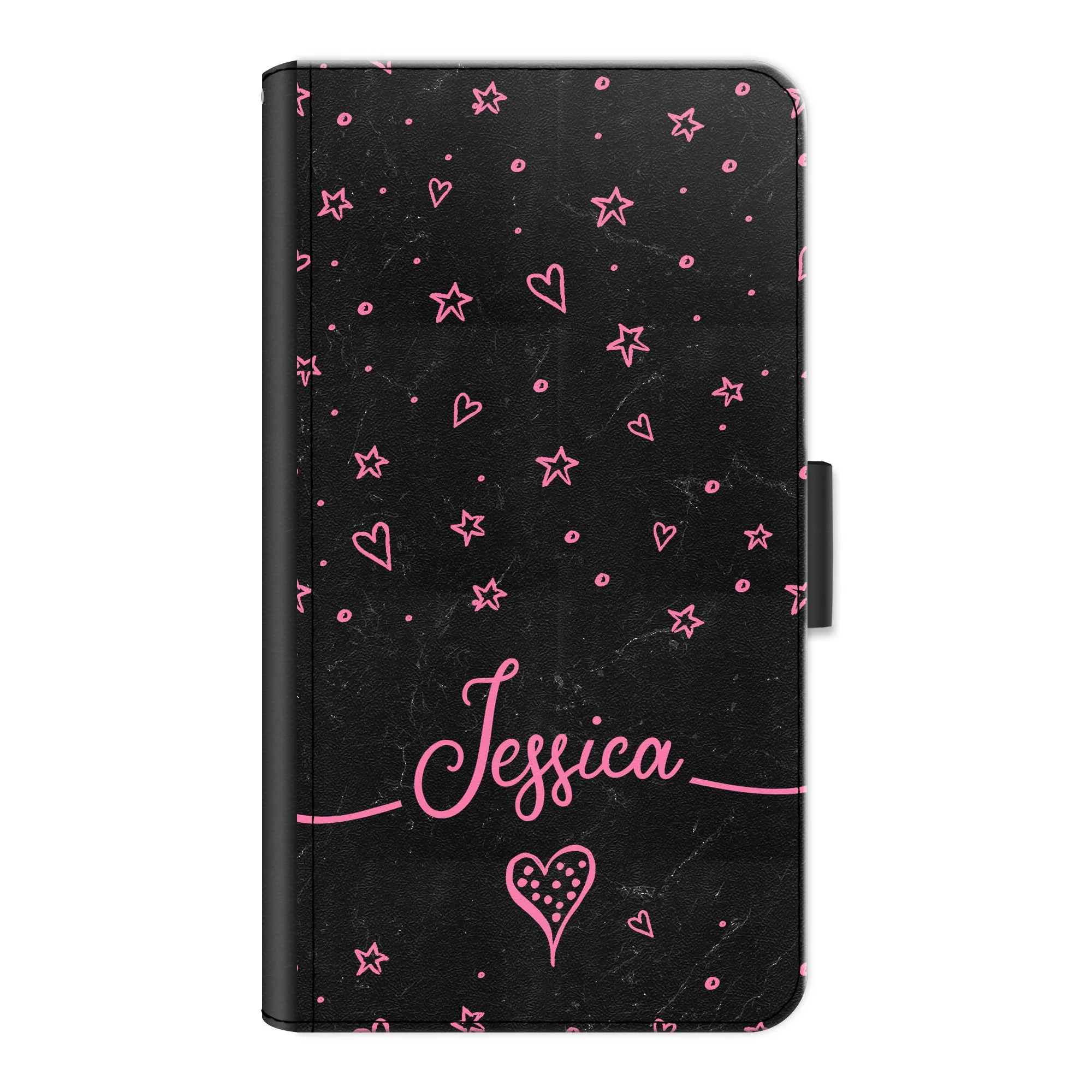 Personalised Nokia Phone Leather Wallet with Pink Stylish text, Stars and Hearts on Black Marble