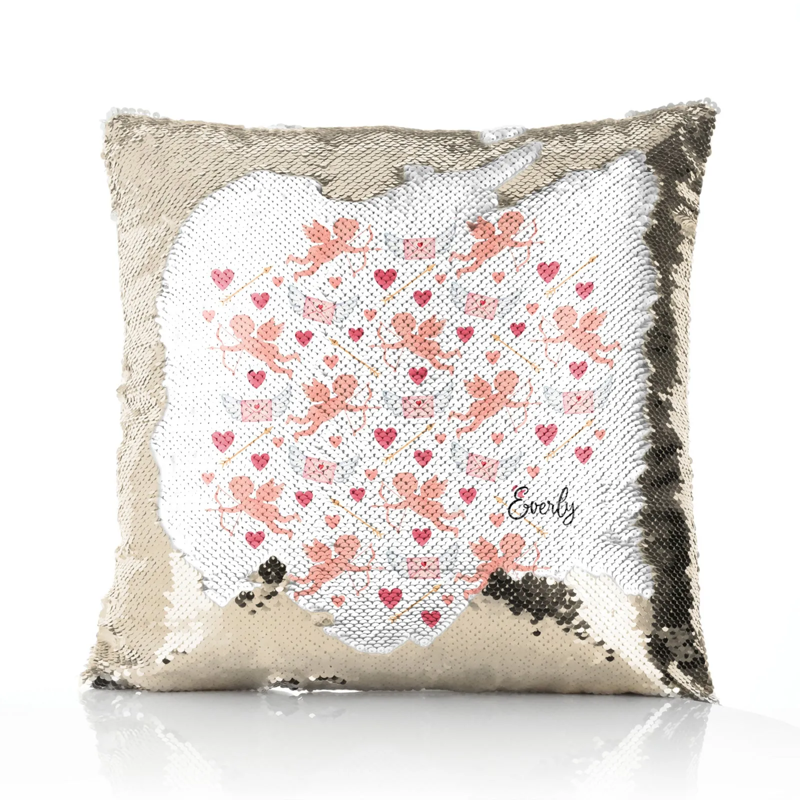 Personalised Sequin Cushion with Stylish Text and Cupid Hearts Print