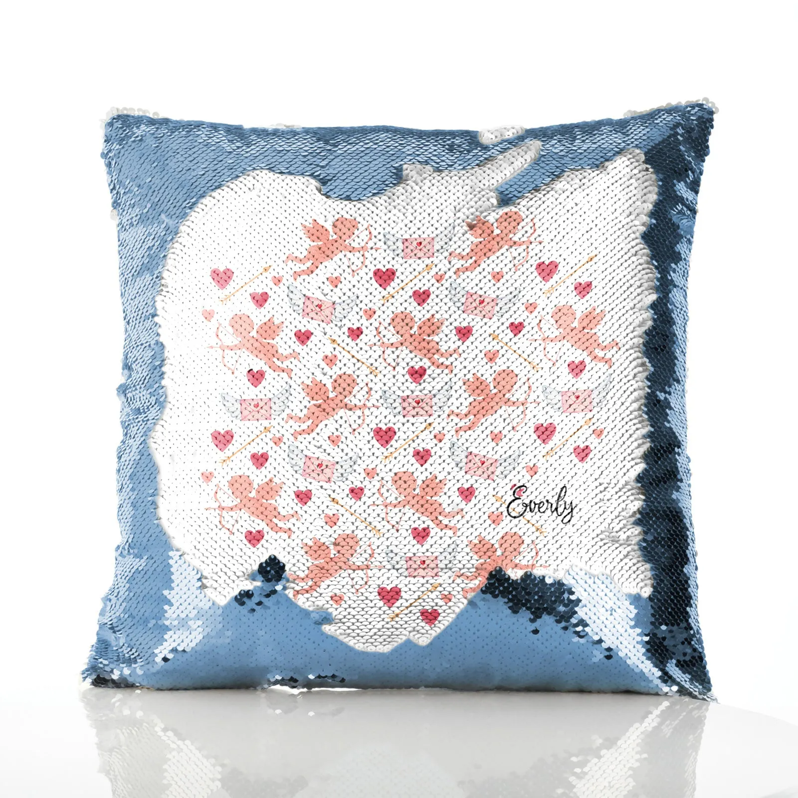 Personalised Sequin Cushion with Stylish Text and Cupid Hearts Print