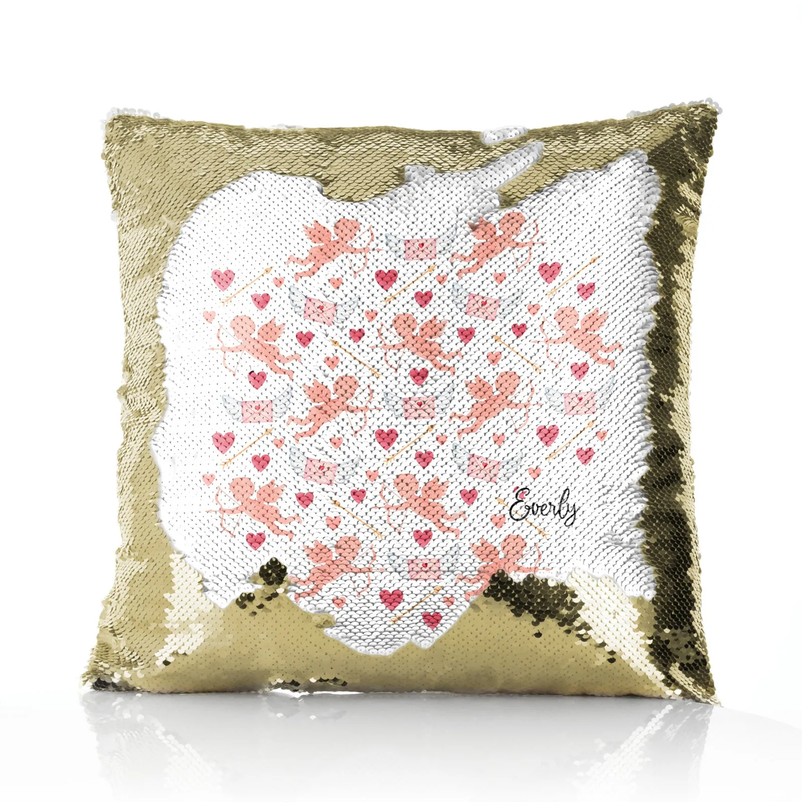 Personalised Sequin Cushion with Stylish Text and Cupid Hearts Print