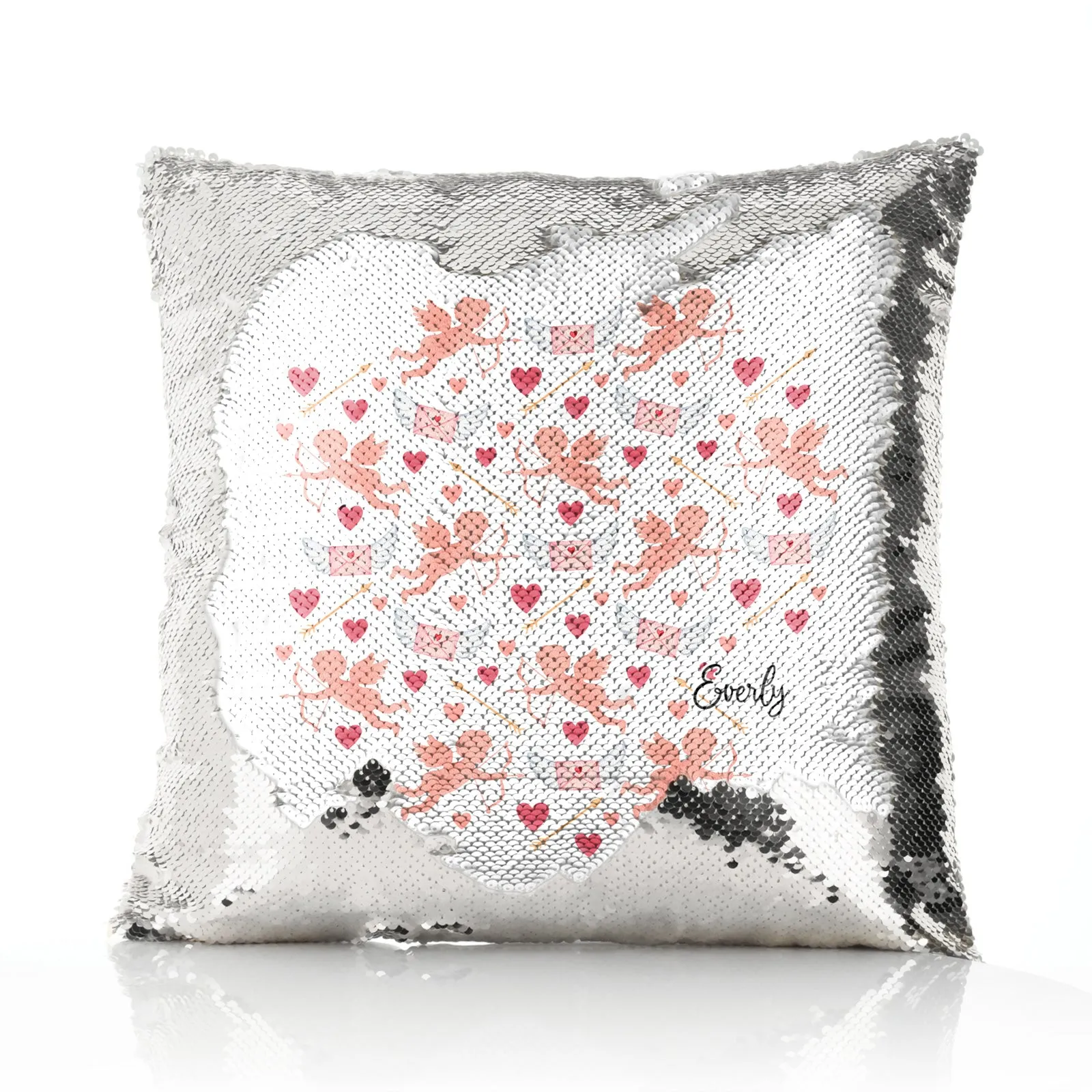 Personalised Sequin Cushion with Stylish Text and Cupid Hearts Print