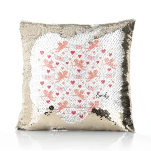 Personalised Sequin Cushion with Stylish Text and Cupid Hearts Print