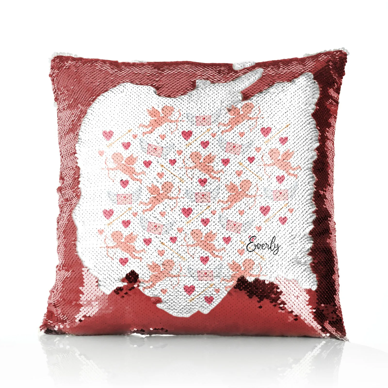 Personalised Sequin Cushion with Stylish Text and Cupid Hearts Print