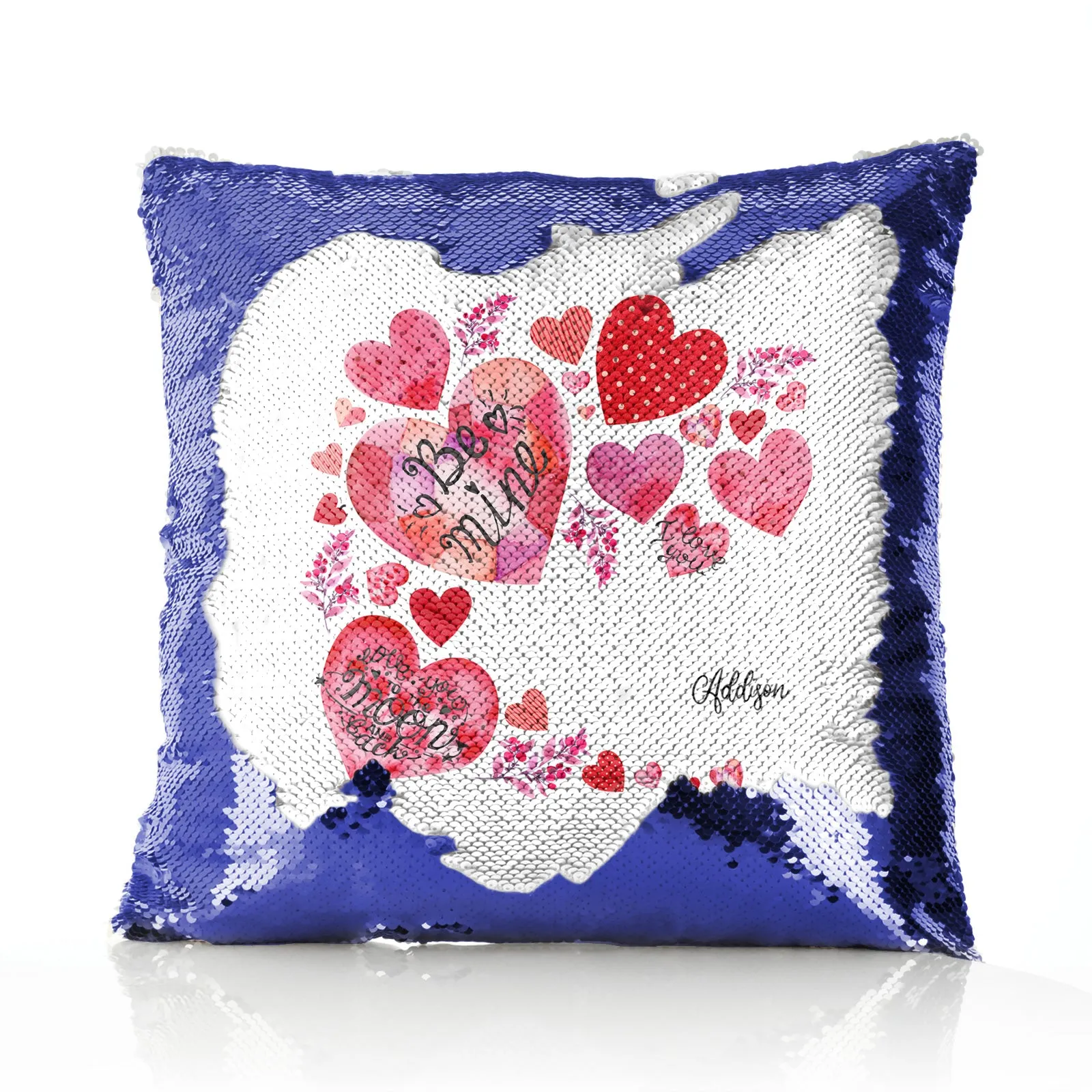 Personalised Sequin Cushion with Stylish Text and Material Hearts Love Message Print