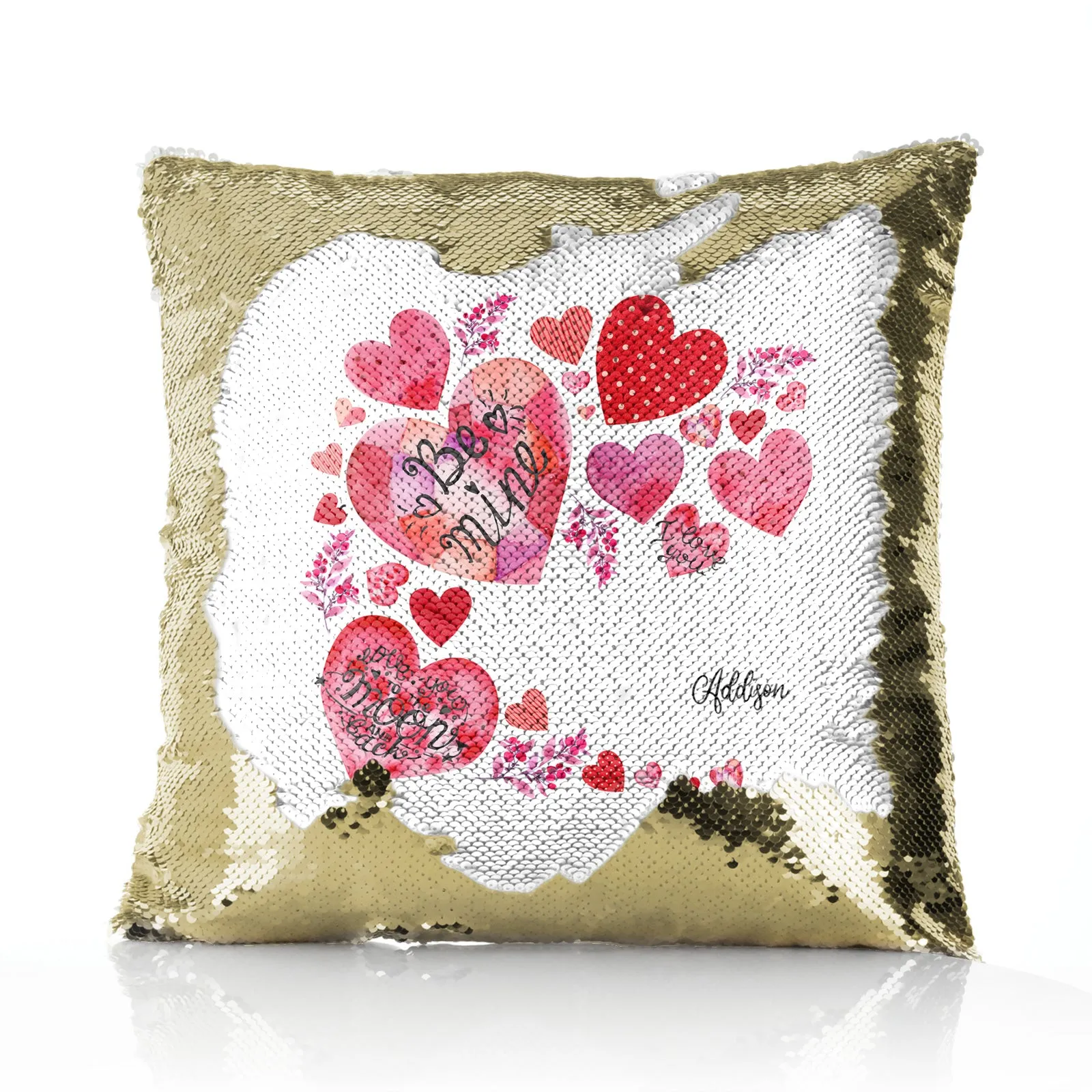 Personalised Sequin Cushion with Stylish Text and Material Hearts Love Message Print